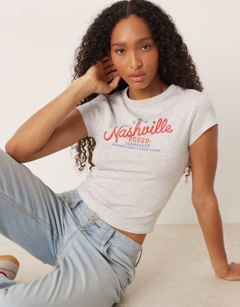 ASOS DESIGN – Knapp geschnittenes T-Shirt in meliertem Eisgrau mit „Nashville“-Westerngrafikprint - view 1