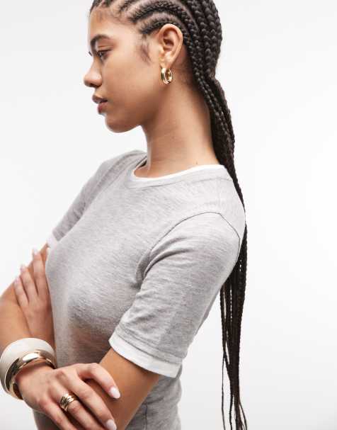 ASOS DESIGN – Knapp geschnittenes T-Shirt in meliertem Grau mit angedeuteter Doppellage - view 1