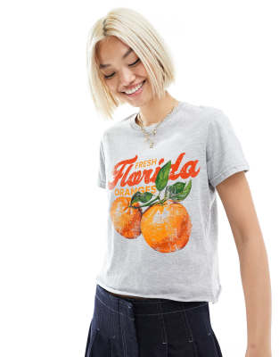 ASOS DESIGN - Knapp geschnittenes T-Shirt in meliertem Grau mit „Florida"-Orangen-Grafikprint