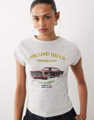 ASOS DESIGN - Knapp geschnittenes T-Shirt in meliertem Grau mit Vintage-Autoprint