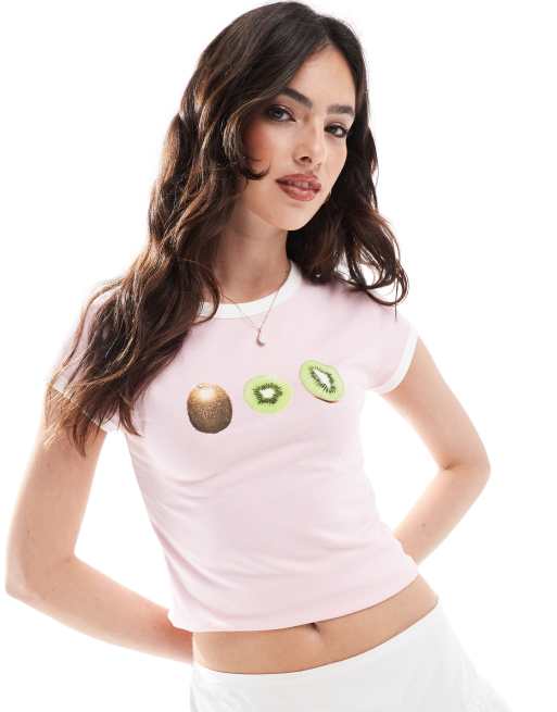 ASOS DESIGN – Knapp geschnittenes T-Shirt in Rosa mit Obstscheiben-Grafikprint