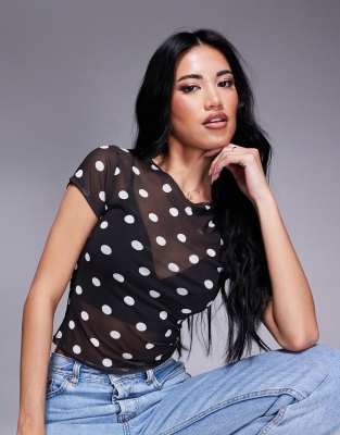 ASOS DESIGN - Knapp geschnittenes T-Shirt in Schwarz aus Netzstoff mit Punkten-Bunt