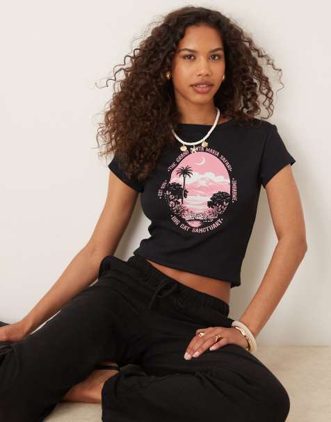 ASOS DESIGN – Knapp geschnittenes T-Shirt in Schwarz mit Safari-Grafikprint in Rosa - view 1