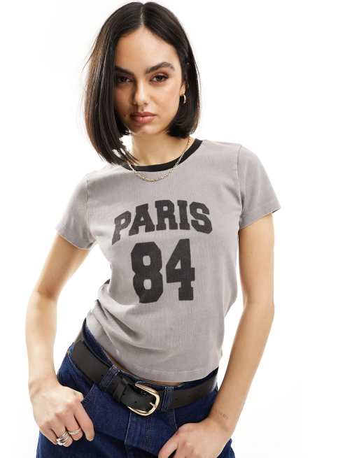 ASOS DESIGN – Knapp geschnittenes T-Shirt in verwaschenem Grau mit „Paris 84“-Grafikprint