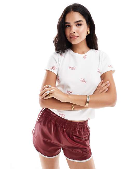 ASOS DESIGN – Knapp geschnittenes T-Shirt in Weiß mit aufgesticktem Hummer-Muster