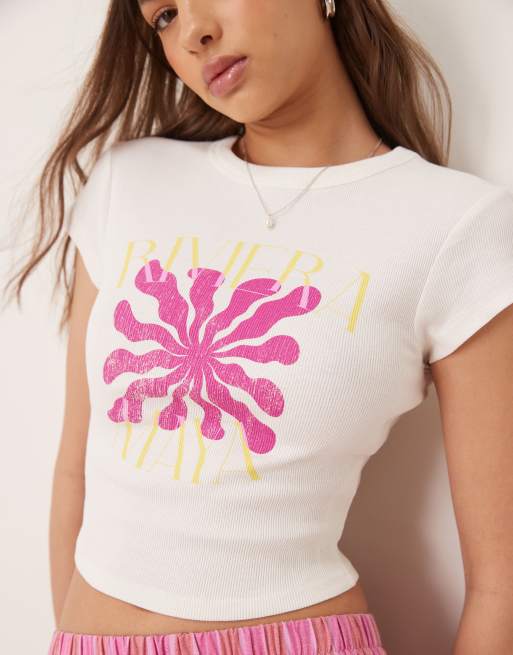 ASOS DESIGN – Knapp geschnittenes T-Shirt in Weiß mit Blumen-Grafik in Lila, 4 von 4