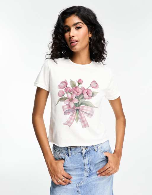 ASOS DESIGN – Knapp geschnittenes T-Shirt in Weiß mit Blumen- und Schleifen-Print