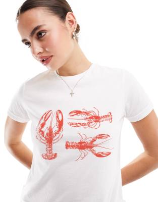 ASOS DESIGN - Knapp geschnittenes T-Shirt in Weiß mit Hummer-Grafikprint