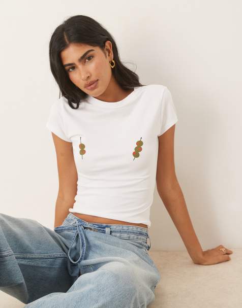 ASOS DESIGN – Knapp geschnittenes T-Shirt in Weiß mit platziertem Oliven-Grafikprint - view 1