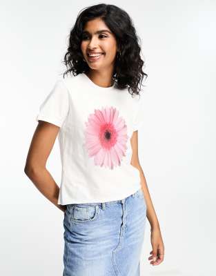 ASOS DESIGN - Knapp geschnittenes T-Shirt in Weiß mit rosa Blumen-Grafik