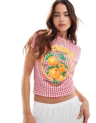 ASOS DESIGN - Knapp geschnittenes T-Shirt mit Vichy-Karomuster, „Florida"-Print und Orangen-Grafik-Bunt