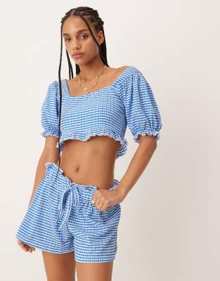 ASOS DESIGN - Knappe Shorts mit hellblauem Vichy-Karomuster, Kombiteil