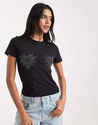 ASOS DESIGN - Knappes T-Shirt in Schwarz mit Strass-Spinnennetz