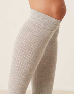 Asos Design Knee High Fine Knit Ribbed Socks In Gray