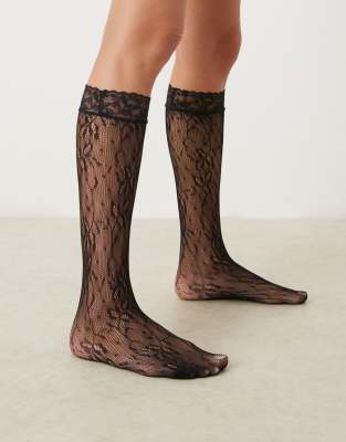 Asos Design Knee High Lace Socks In Black