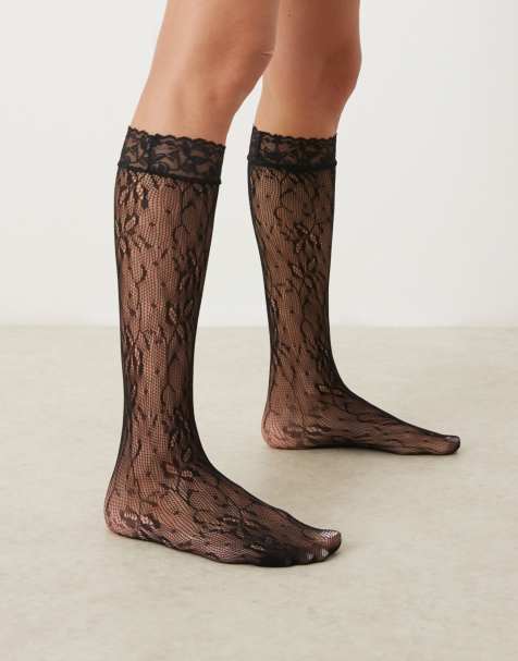 ASOS DESIGN knee high lace socks in black - view 1