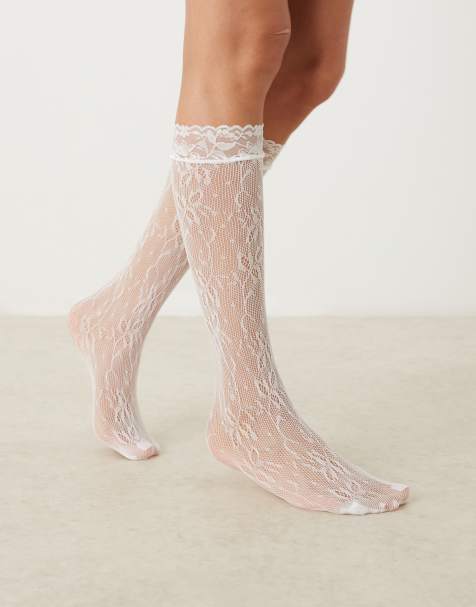 ASOS DESIGN knee high lace socks in white - view 1