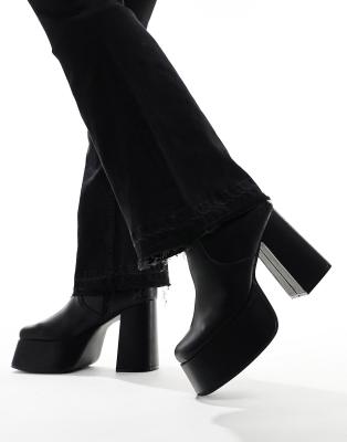 Asos Design Knee High Platform Heeled Boots In Black Faux Leather