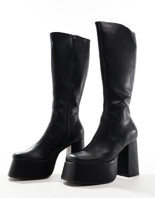 ASOS DESIGN knee high platform heeled boots in black faux leather