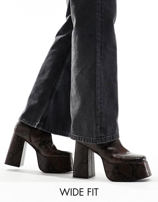 ASOS DESIGN knee high platform heeled boots in snake print faux leather