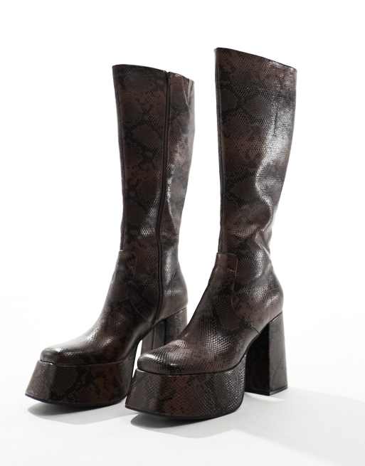 ASOS DESIGN knee high platform heeled boots in snake print faux leather