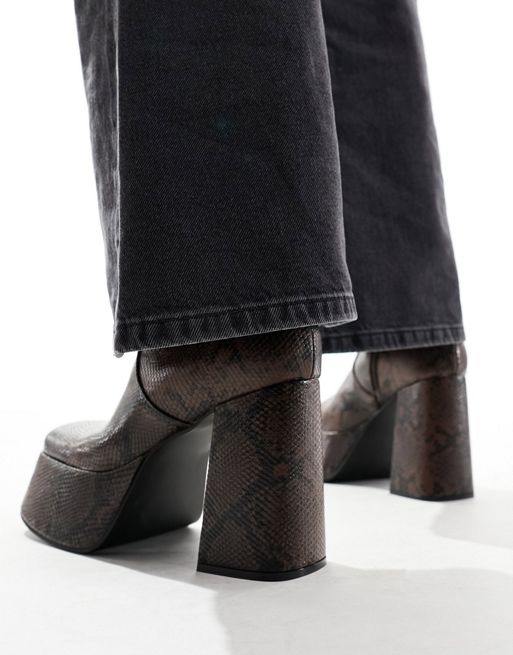 ASOS DESIGN knee high platform heeled boots in snake print faux leather