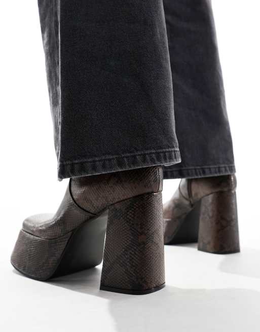 ASOS DESIGN knee high platform heeled boots in snake print faux leather, 3 of 4