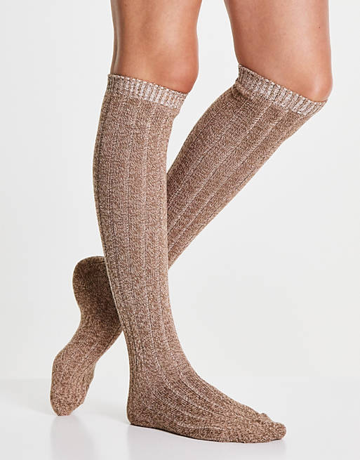 ASOS DESIGN knee high rib socks in brown mixed knit