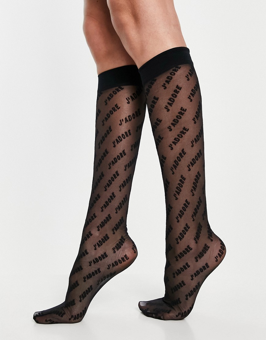 ASOS DESIGN knee high sheer socks with j'adore print in black