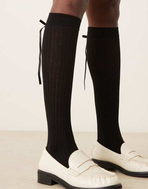ASOS DESIGN knee high socks in black with ribbon - view 1