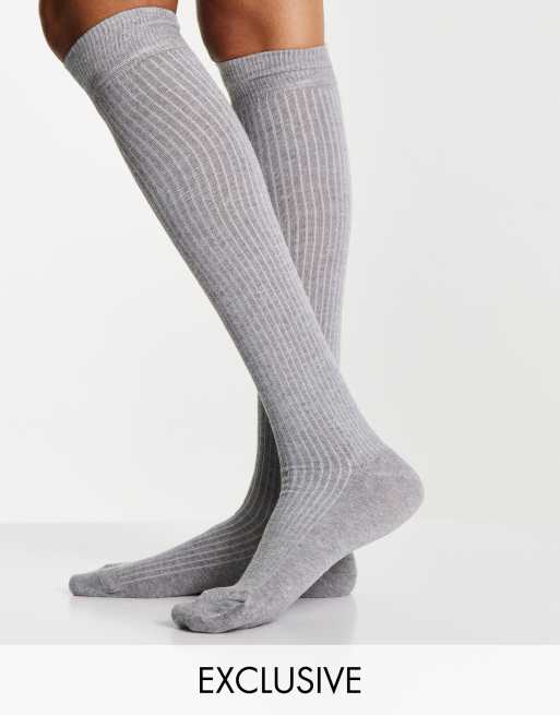 ASOS DESIGN knee high socks in skinny rib grey marl