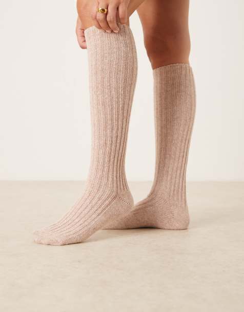 ASOS DESIGN knee high wool blend socks in oatmeal - view 1