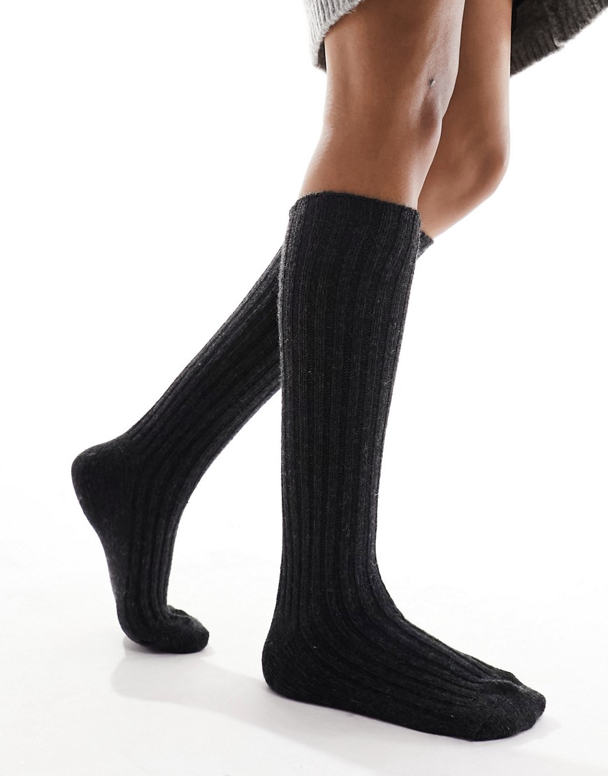 ASOS DESIGN knee high wool mix boot socks in grey