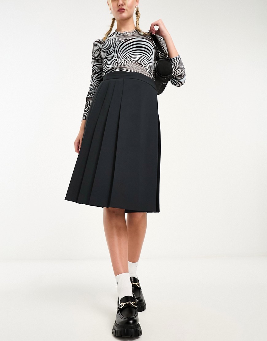 Asos Design Knee Length Pleated Midi Skirt In Black
