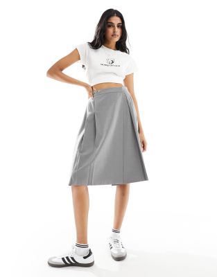 Asos Design Knee Length Pleated Midi Skirt In Gray
