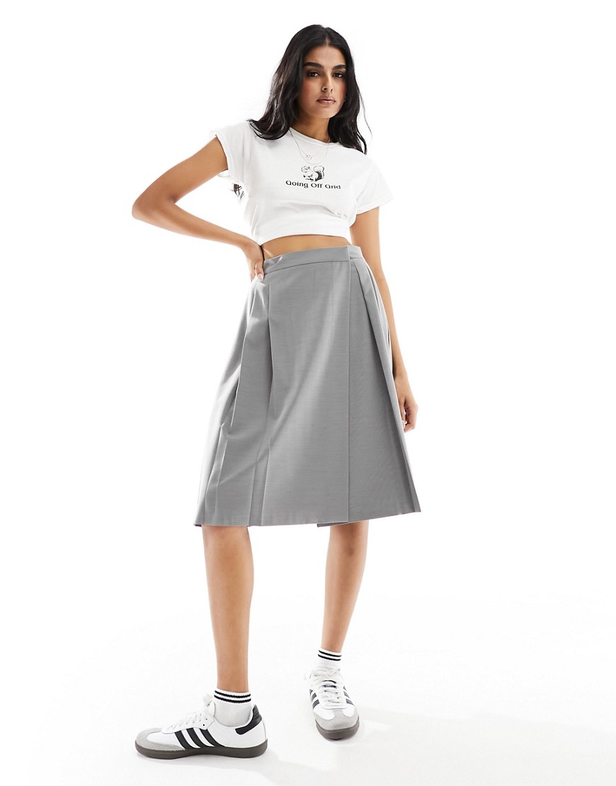 Asos Design Knee Length Pleated Midi Skirt In Gray