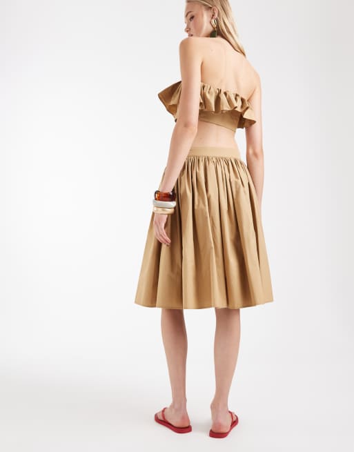 ASOS DESIGN knee length skater skirt in tan poplin co ord, 3 of 5