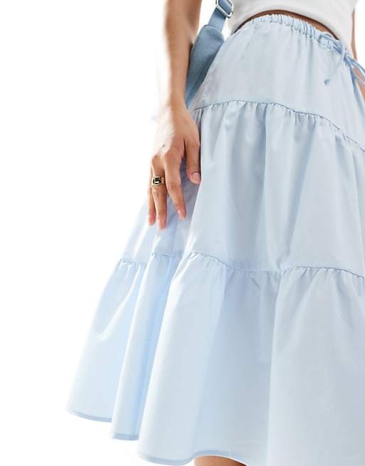 ASOS DESIGN knee length tiered cotton skirt in pale blue | ASOS ASOS DESIGN knee length tiered cotton skirt in pale blue | ASOS