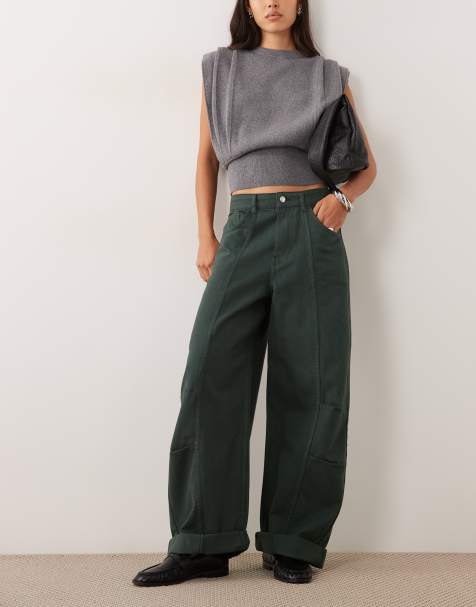 ASOS DESIGN knee pleat roll up hem barrel jean in forest green - view 1