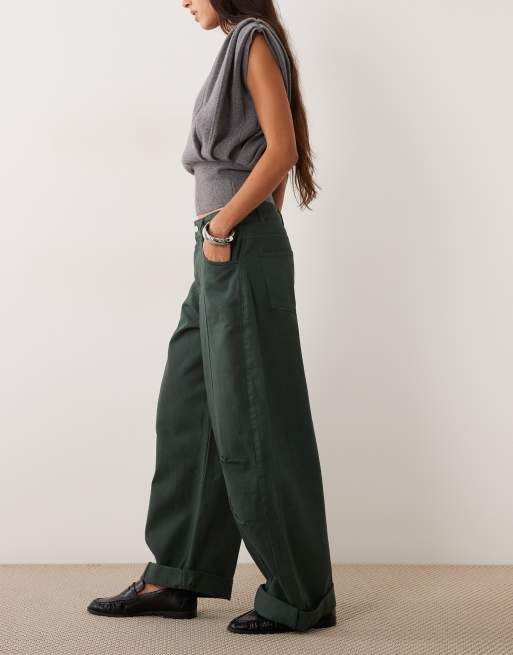ASOS DESIGN knee pleat roll up hem barrel jean in forest green, 2 of 5