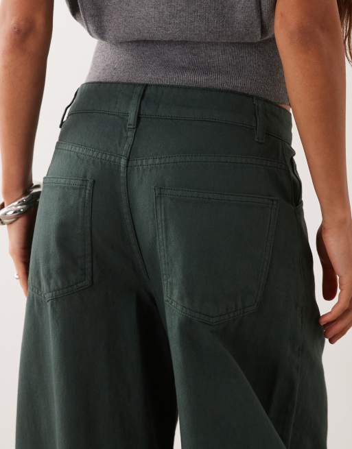 ASOS DESIGN knee pleat roll up hem barrel jean in forest green, 4 of 5