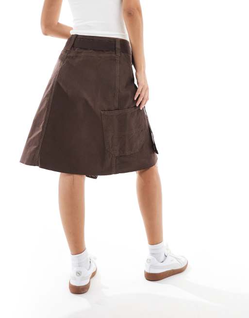 ASOS DESIGN knee skirt with pocket wrap detail in brown ASOS