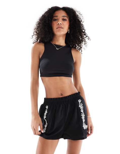 ASOS DESIGN - Knicker-short met elastische taille en borduursel in zwart - view 1