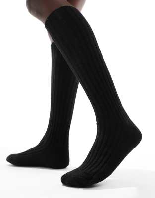 ASOS DESIGN - Kniehohe Stiefelsocken aus Wolle in Schwarz