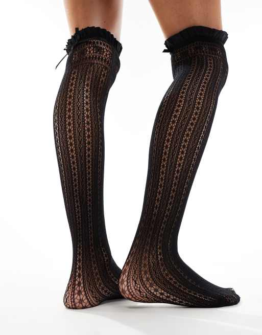ASOS DESIGN - Kniekousen met patroon, strik en ruches in zwart, 3 van 4