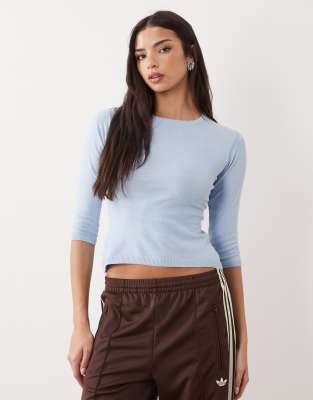 Asos Design Knit 3/4 Sleeve Top In Blue
