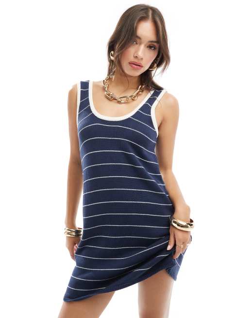 ASOS DESIGN knit A-line mini dress with tipped neckline in navy
