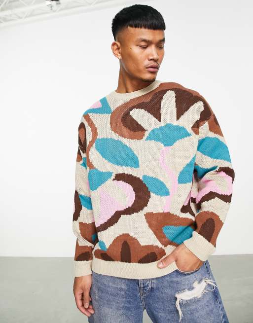 ASOS DESIGN knit abstract pattern sweater in brown | ASOS