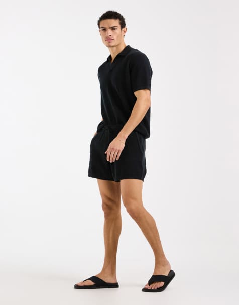ASOS DESIGN knit airtex shorts in black - part of a set - view 1