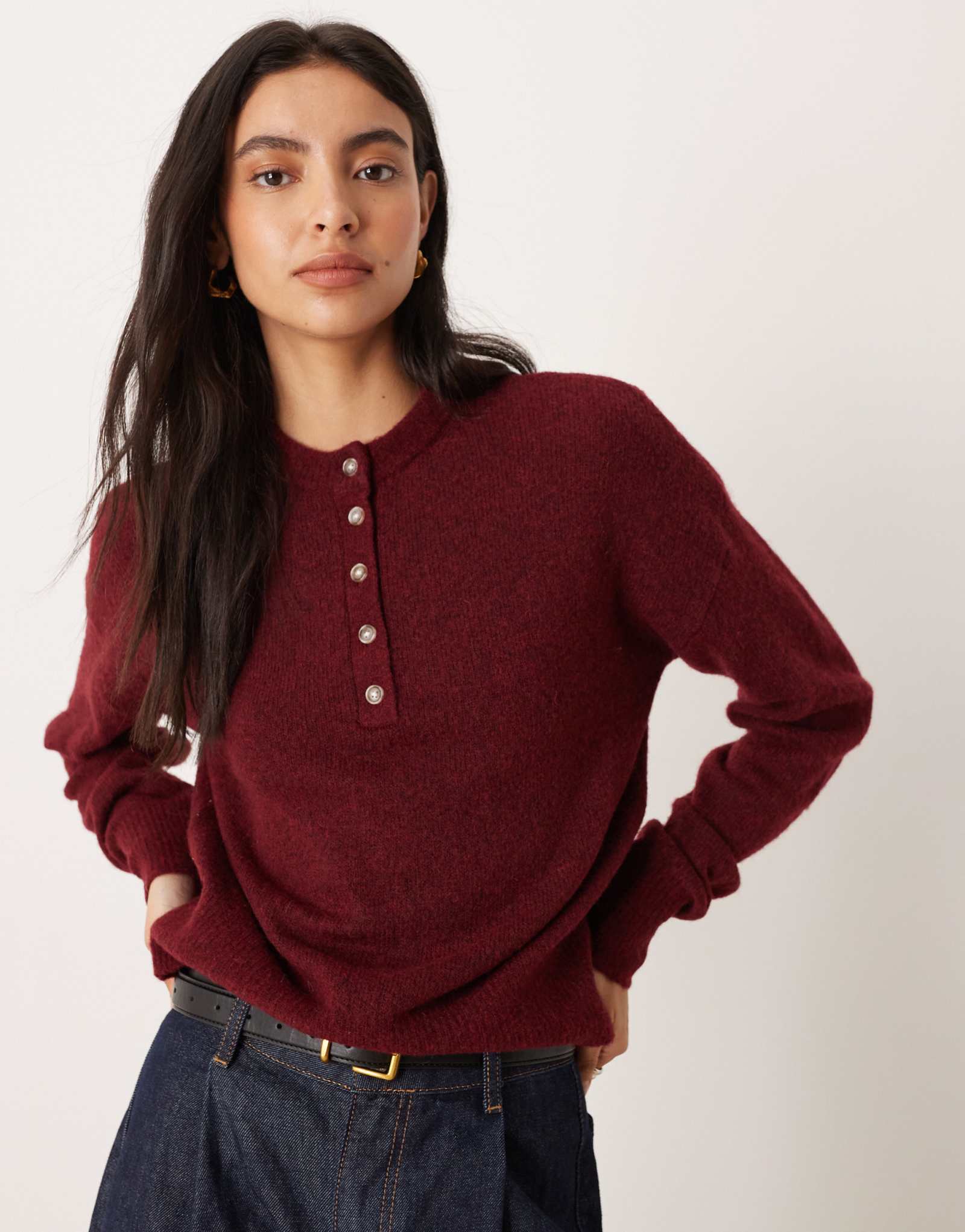 ДИЗАЙНЕРСКИЙ вязаный топ henley из смеси альпаки ASOS сливового цвета